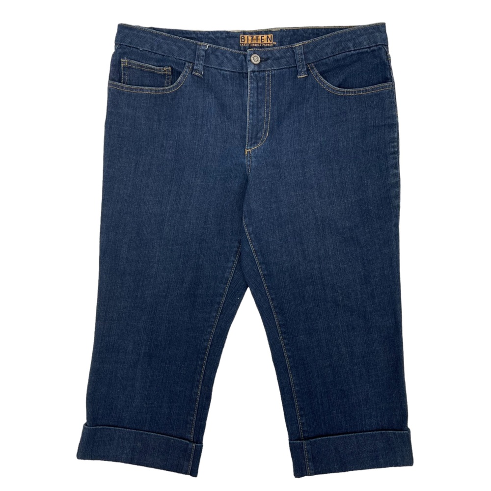 Capri Jeans Size 12 BITTEN By JP Denim Spandex Stretch Cuffed Retro Dark Wash